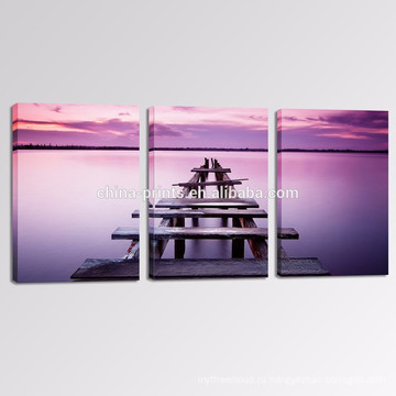 3 Panel Calmness Печать изображения на холсте / Оптовая лаванда Цвет морской стены искусства / деревянный мост холст искусства